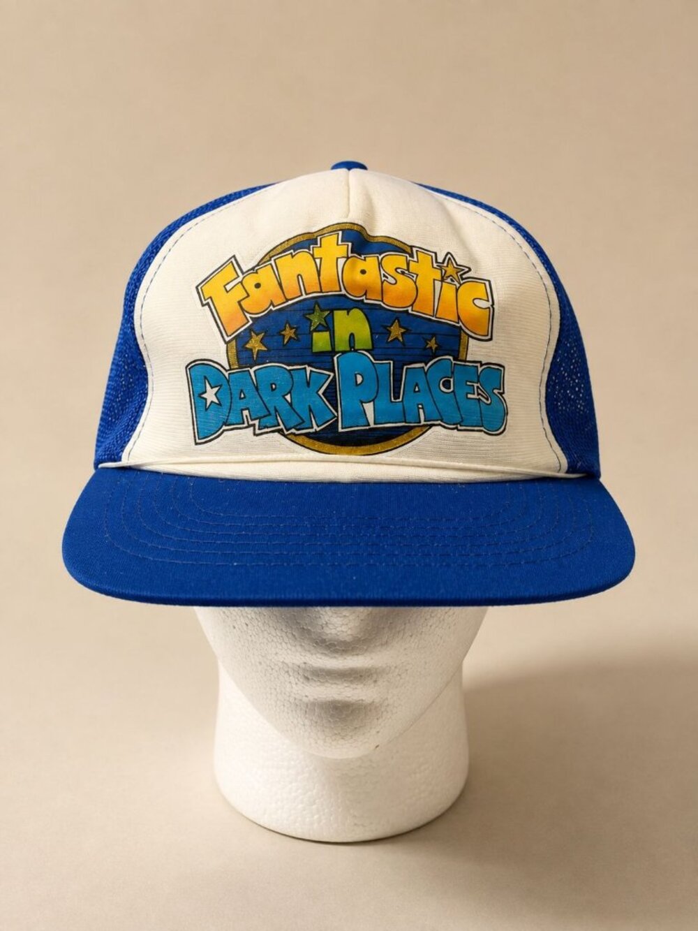 Vintage Mens Trucker Hat Blue Mesh Snapback "Fantastic In Dark Places" Graphic